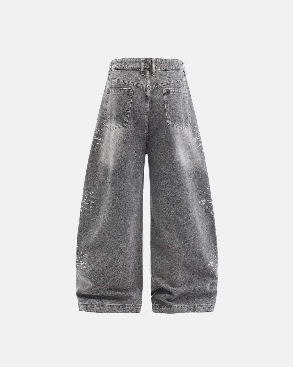 Flation star graphic rhinestone barrel baggy jeans, stylish streetwear pants with star designs and rhinestone embellishments.