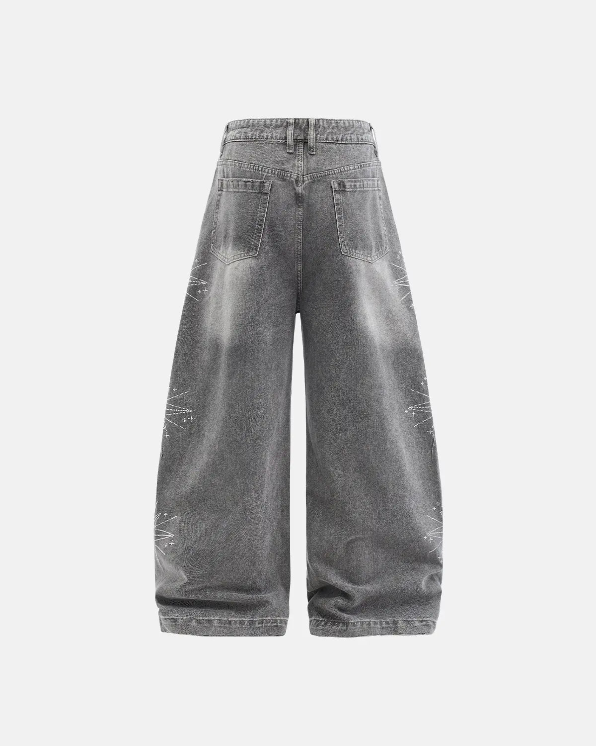 Flation star graphic rhinestone barrel baggy jeans, stylish streetwear pants with star designs and rhinestone embellishments.