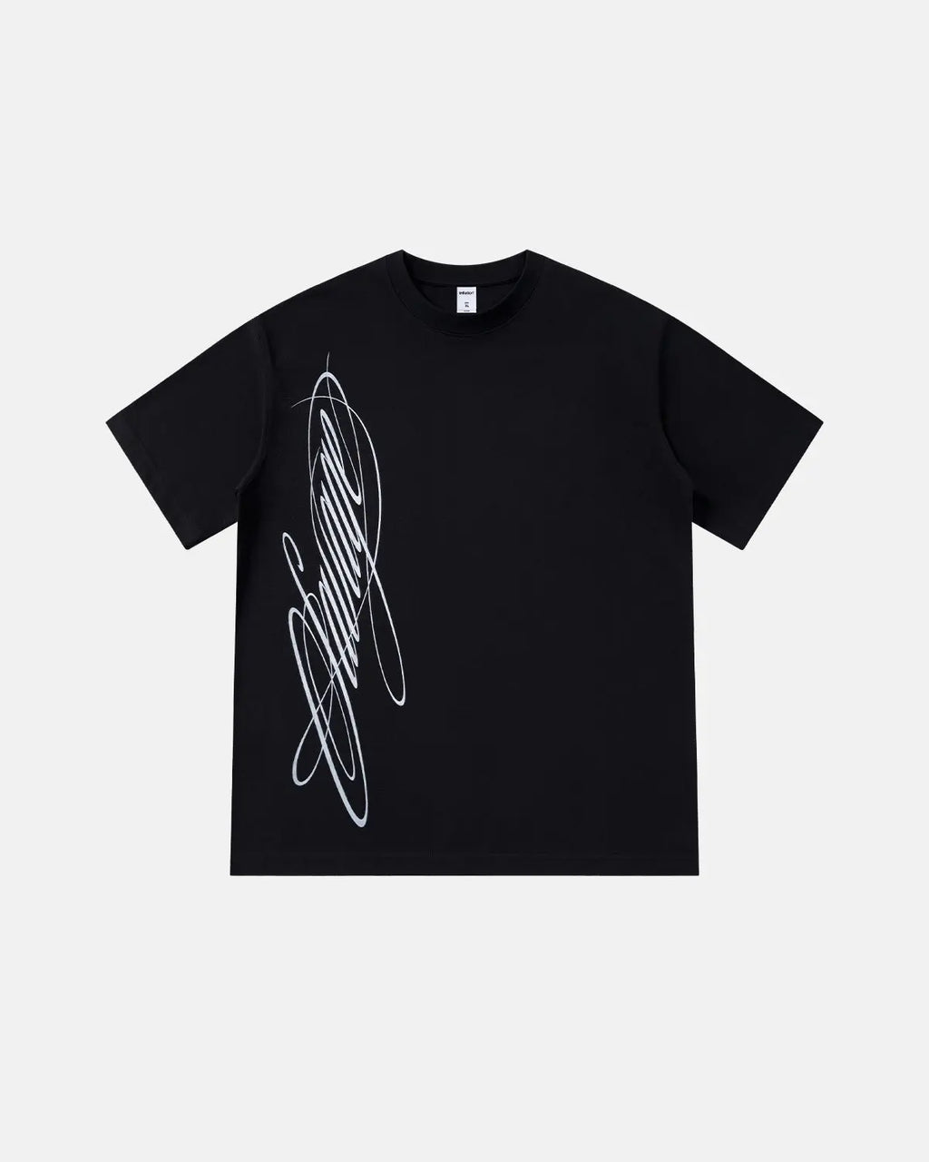 Inflation Streetwear Script Graphic Oversized T-Shirt with bold black lettering on white fabric, relaxed fit casual style.