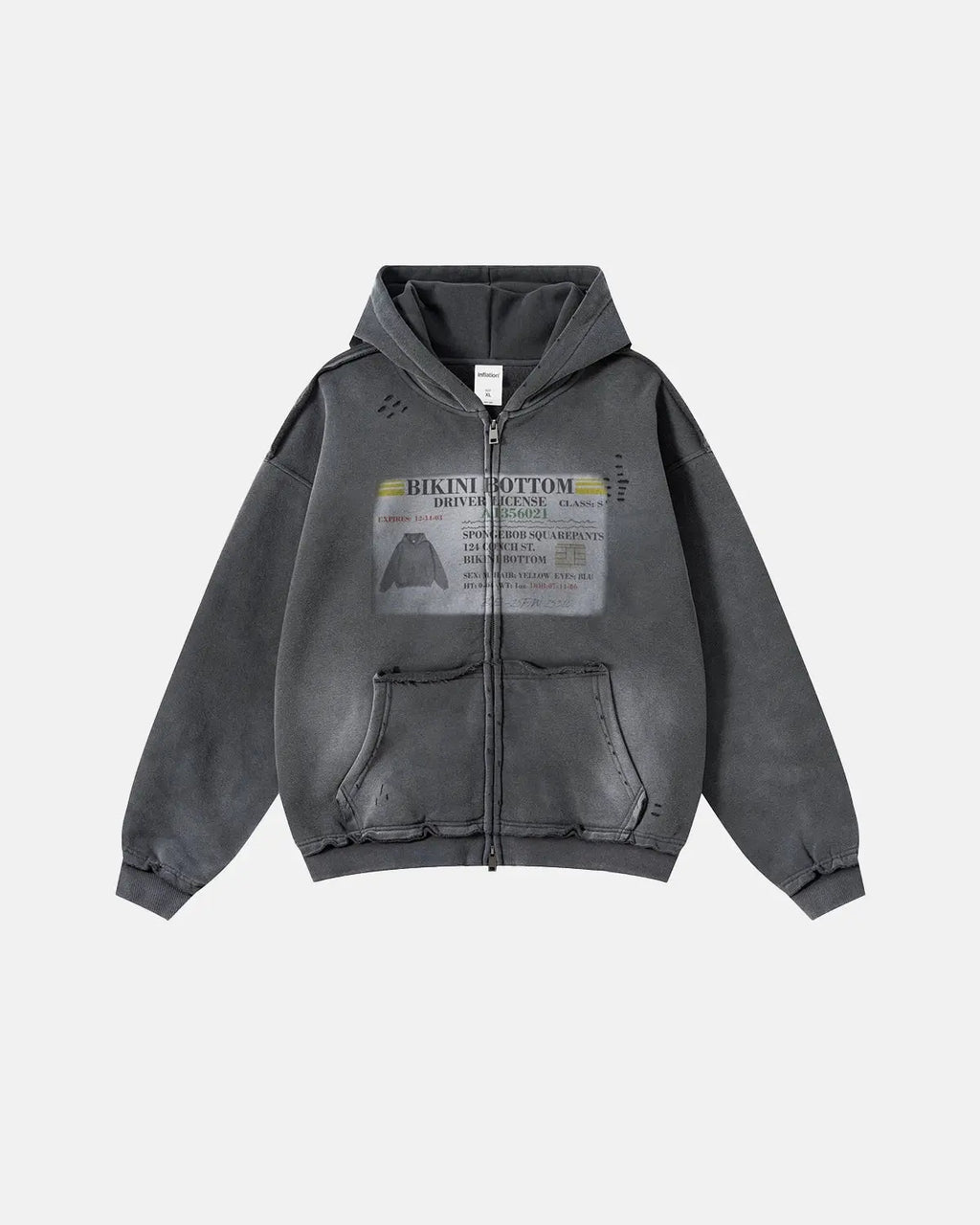 Inflation Streetwear graphic ripped washed zip-up hoodie with distressed details and a casual fit, shown on a hanger.