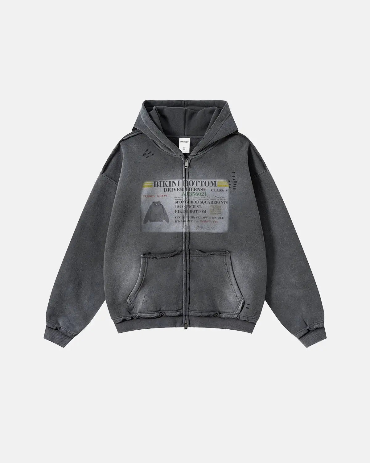 Inflation Streetwear graphic ripped washed zip-up hoodie with distressed details and a casual fit, shown on a hanger.