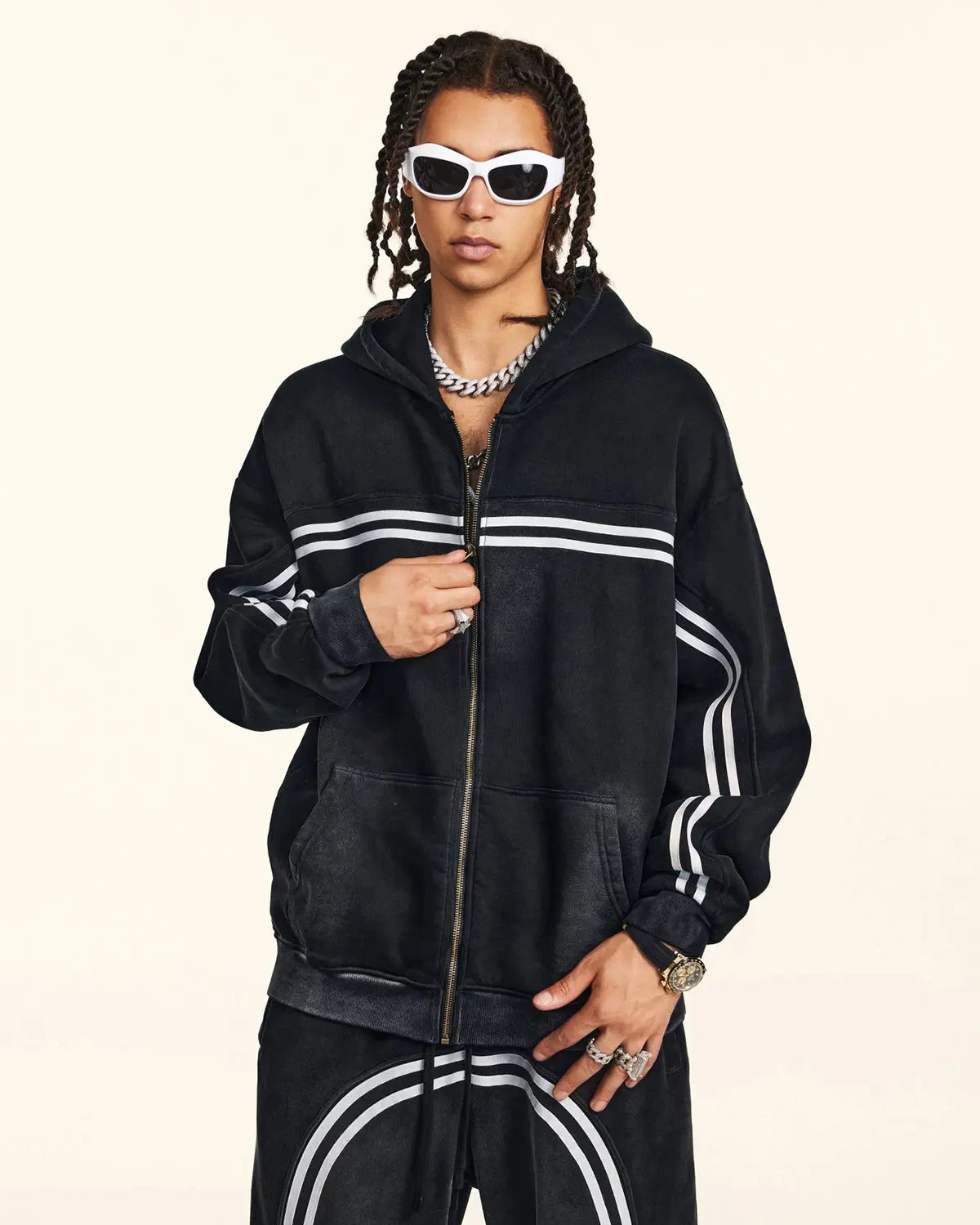 Striped acid wash zip-up hoodie by INFLATION Streetwear, featuring a casual fit and bold striped pattern.