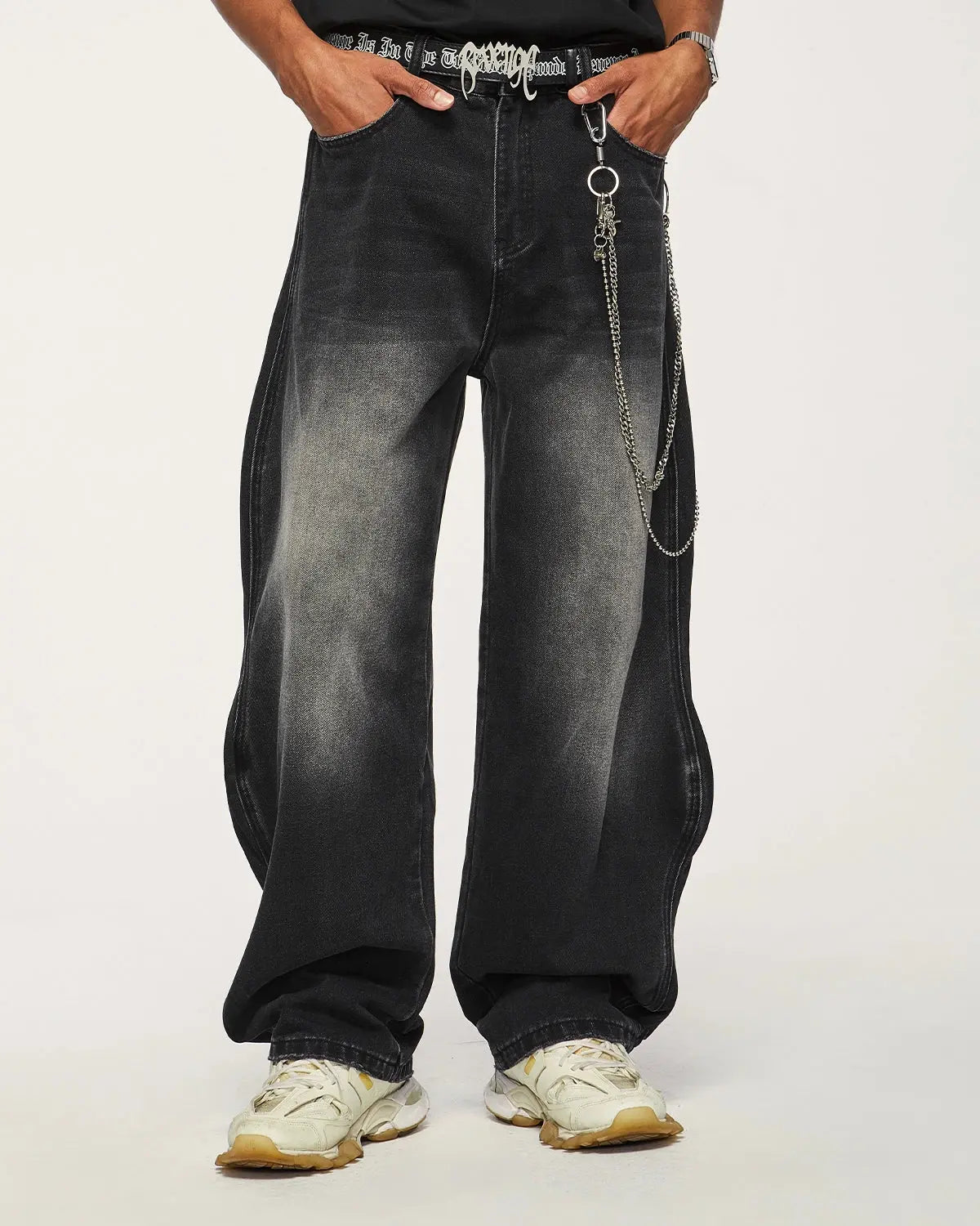 InflationUS Wave Washed Baggy Jeans, casual pants with a relaxed fit and washed denim look, displayed on a model.