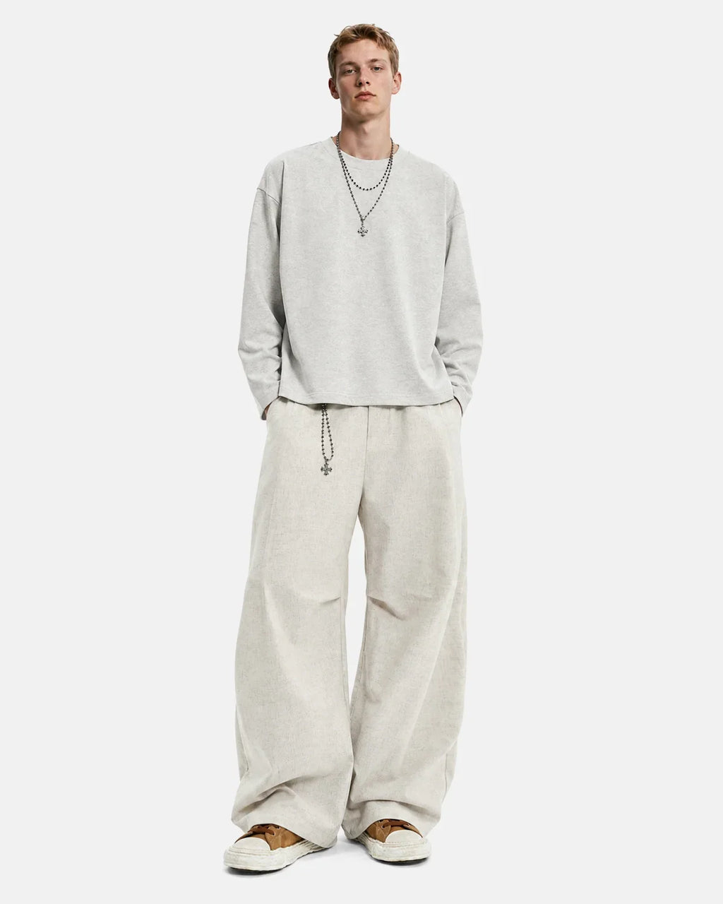 Light beige cotton linen wide-leg pants from Inflation Streetwear, featuring a relaxed fit and stylish wide-leg design.