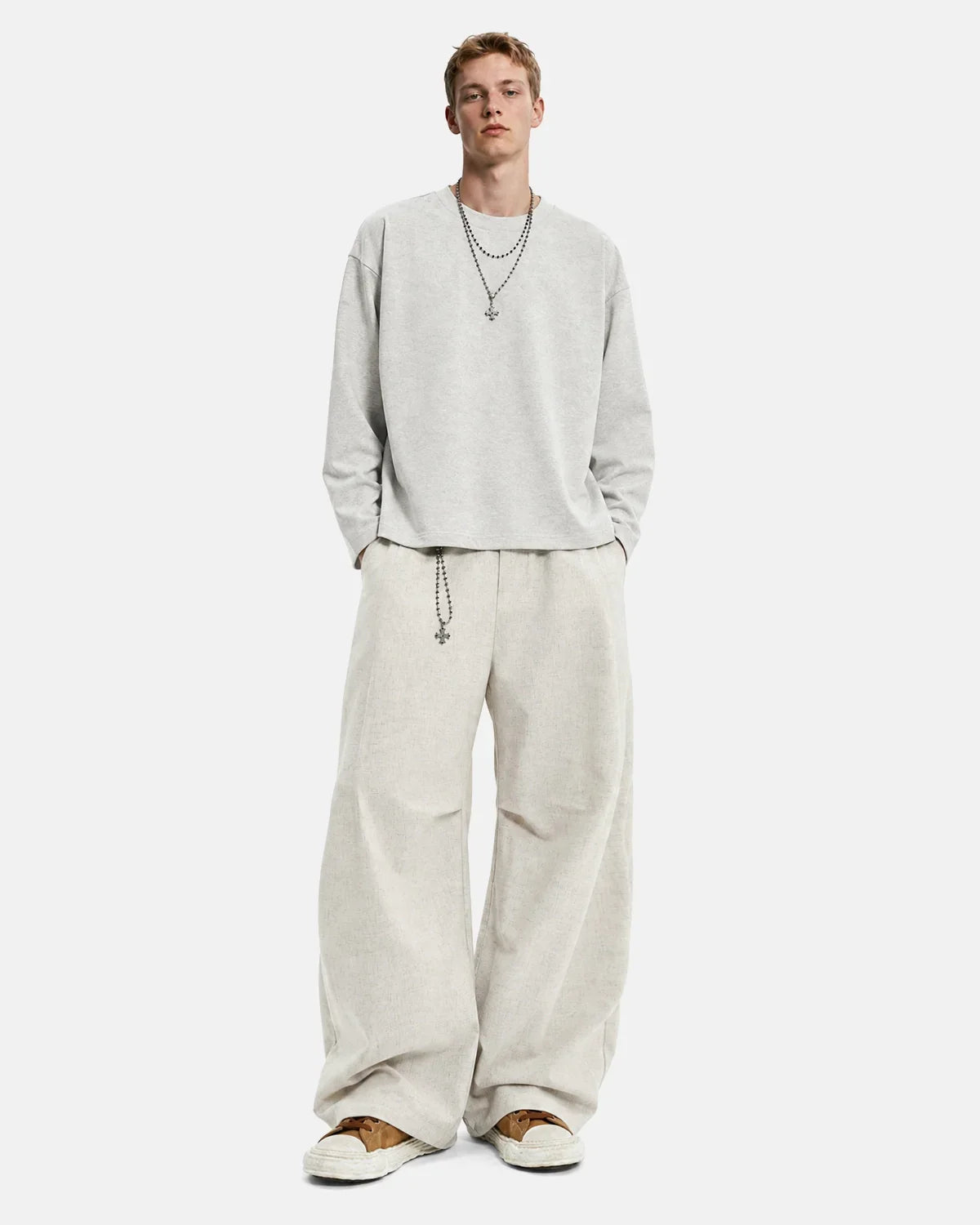 Light beige cotton linen wide-leg pants from Inflation Streetwear, featuring a relaxed fit and stylish wide-leg design.