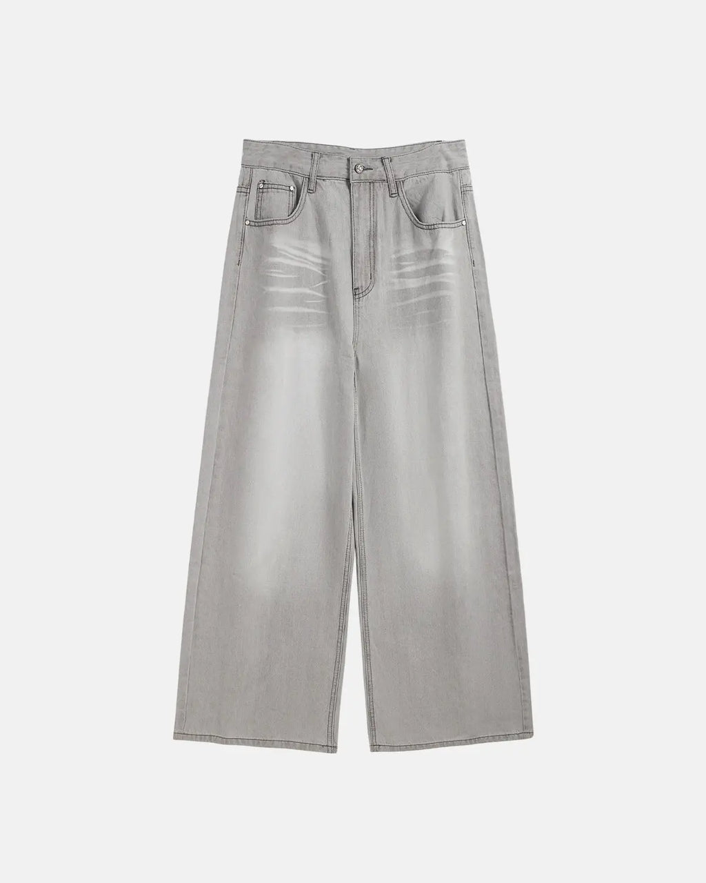 Washed distressed baggy jeans by Flation featuring a relaxed fit, ripped details, and a casual streetwear style.