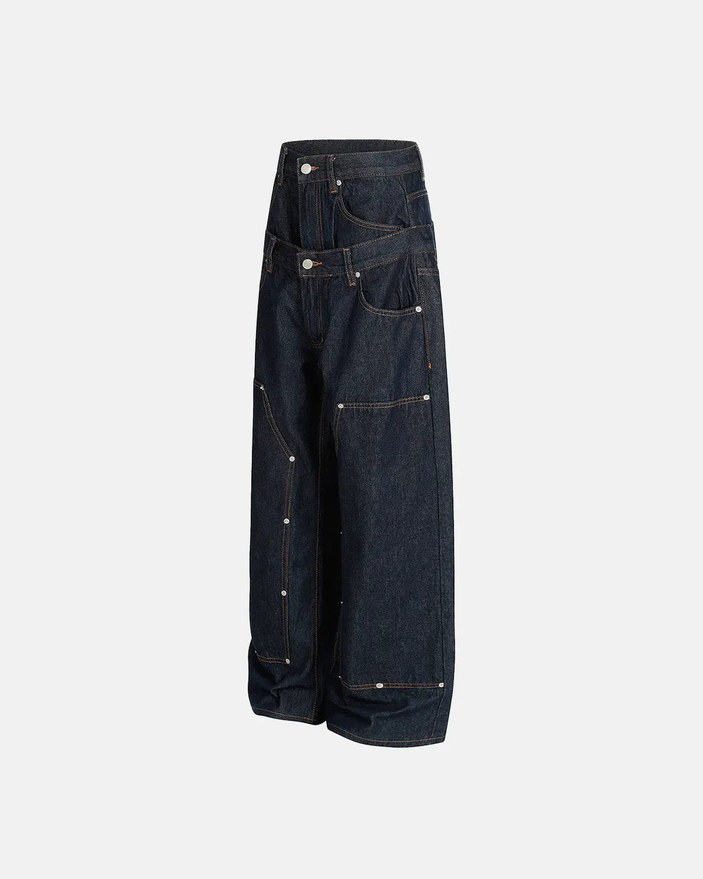 Flation Double Waist Raw Baggy Jeans with relaxed fit, featuring raw hem and streetwear style, worn by a model.