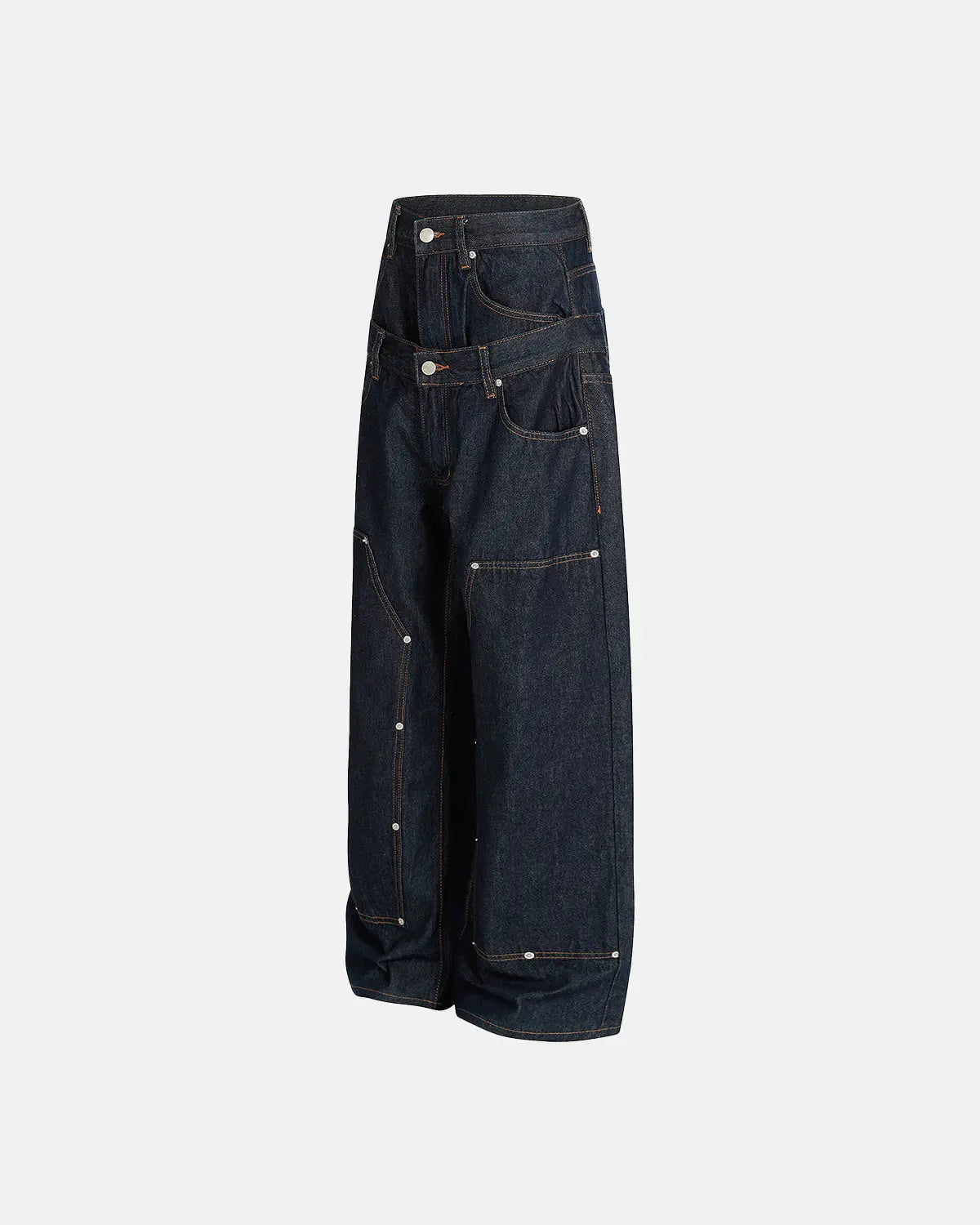 Flation Double Waist Raw Baggy Jeans with relaxed fit, featuring raw hem and streetwear style, worn by a model.