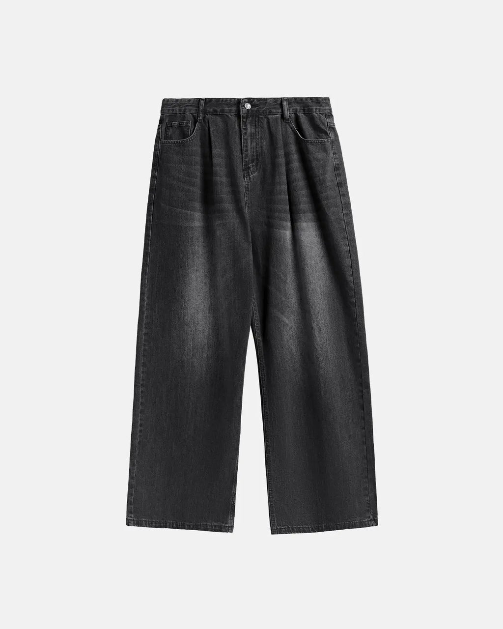 Wide-leg denim pants by Flation featuring a relaxed fit and classic blue wash, styled with casual streetwear vibe.
