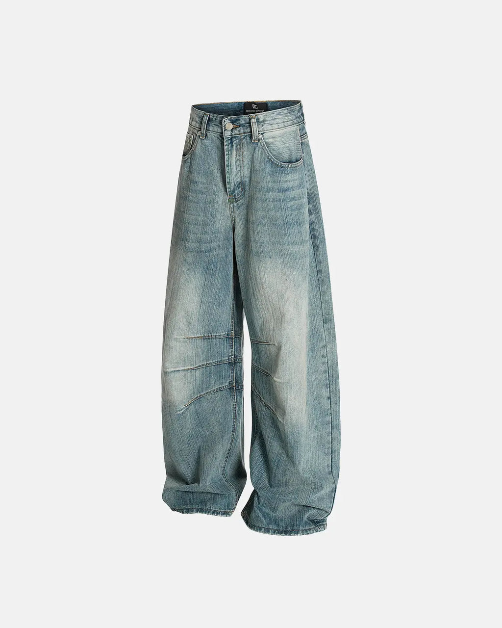 Deconstructed bamboo weave baggy jeans by Flation Streetwear, showing loose fit, distressed details, and woven fabric texture.