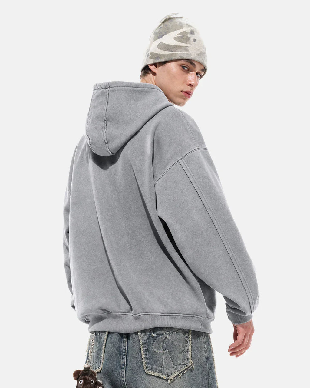 Washed raw edge boxy zip-up hoodie by INFLATION Streetwear, showing the front view with a relaxed fit and raw hem details.