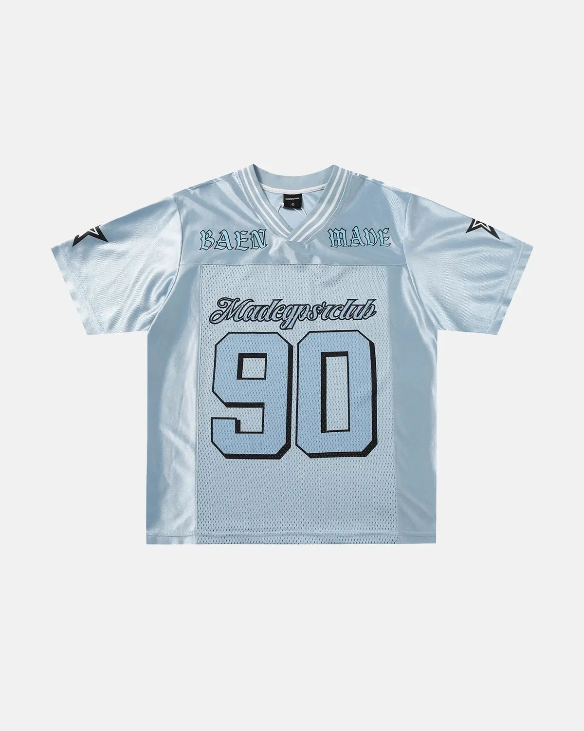 Inflation Streetwear mesh patchwork oversized jersey with colorful mesh panels and a relaxed fit, displayed on a hanger.