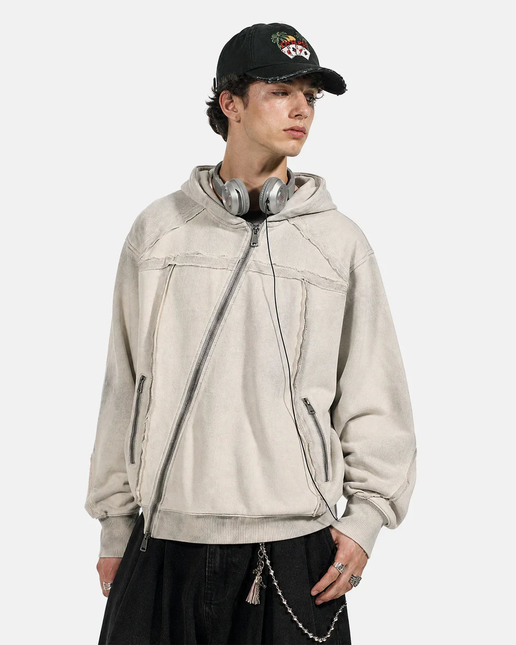 Washed boxy asymmetric zip-up hoodie by INFLATION, featuring a relaxed fit and modern streetwear style in neutral tones.