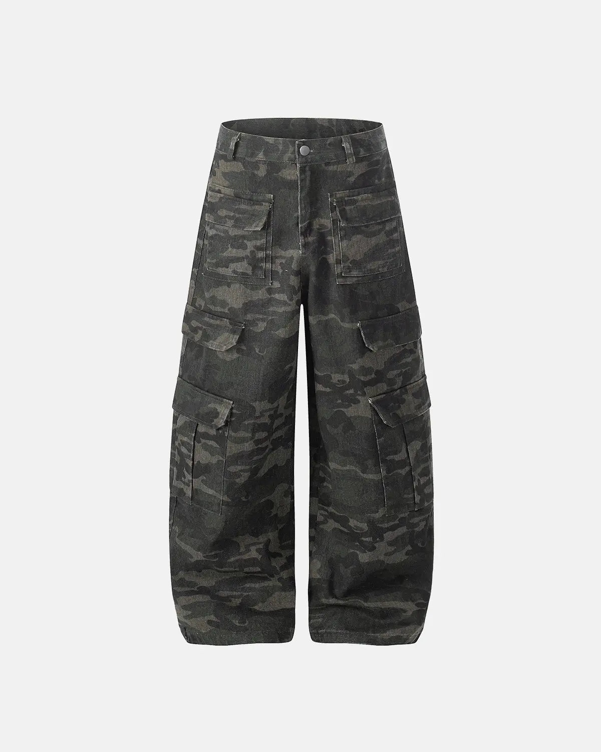 Inflation Streetwear camouflage cargo pants with multiple pockets, relaxed fit, and tactical style for casual streetwear looks.