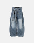 Inflation Streetwear belted bamboo weave barrel jeans showing high-waisted fit and unique woven fabric texture.