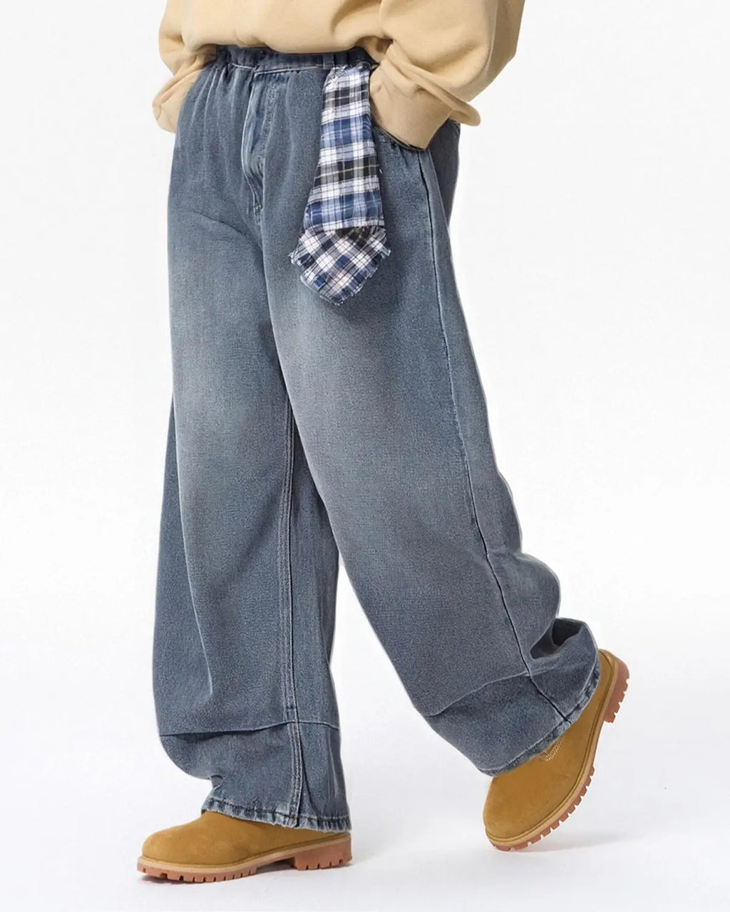 Acid wash Flation Streetwear baggy jeans with detachable bandana, relaxed fit, and distressed details.