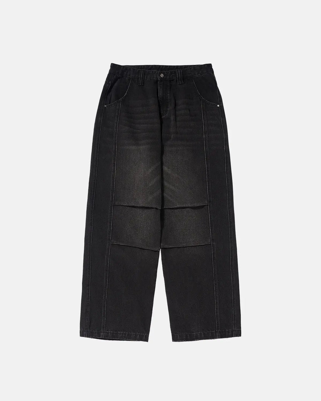 INFLATION faded dirty baggy cargo jeans with distressed details, relaxed fit, and multiple cargo pockets for a casual streetwear look.