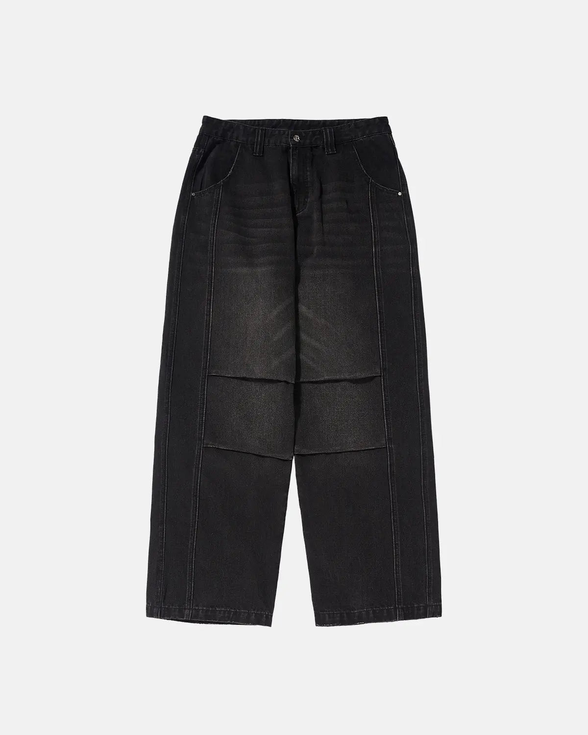 INFLATION faded dirty baggy cargo jeans with distressed details, relaxed fit, and multiple cargo pockets for a casual streetwear look.