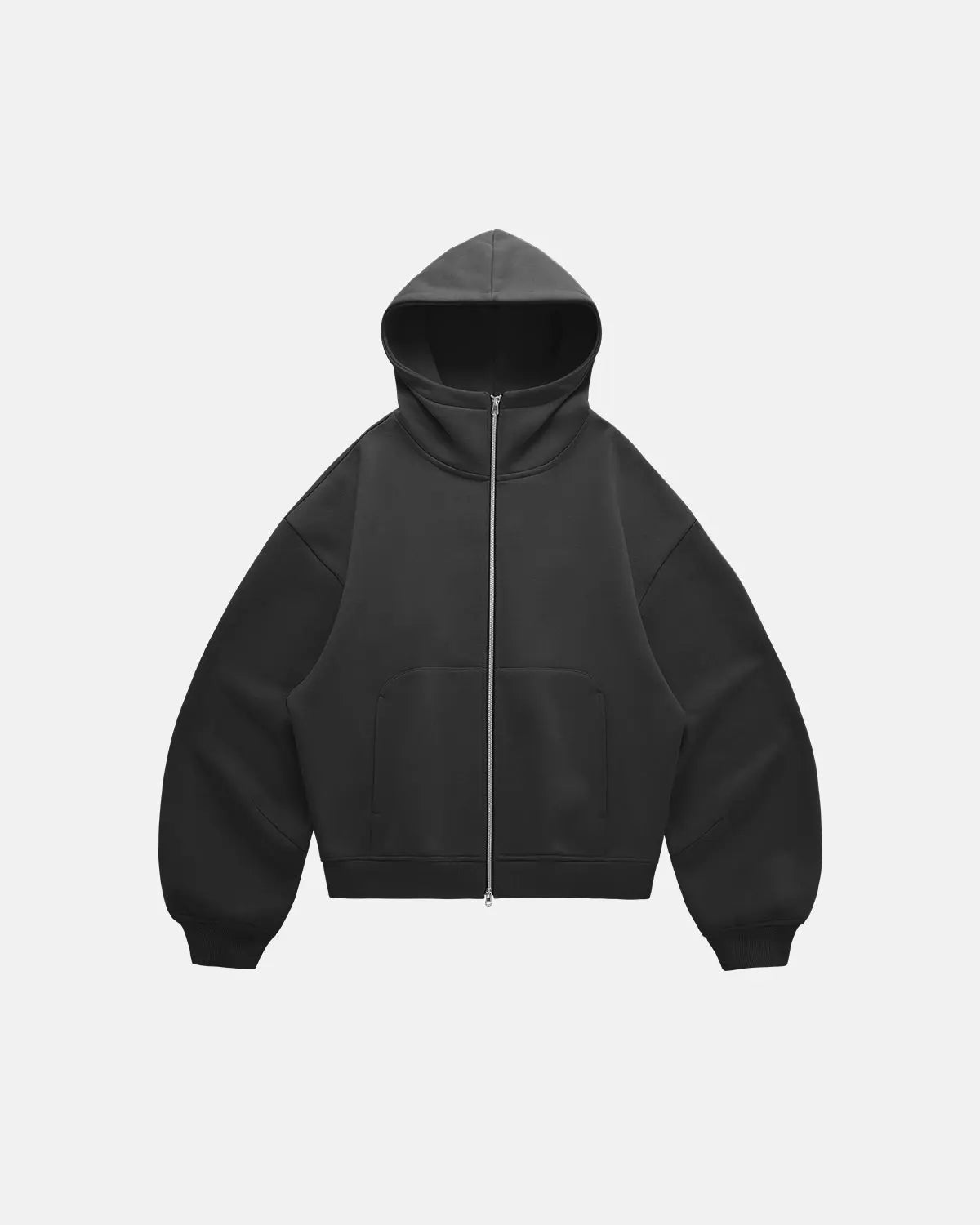 Inflation streetwear high collar fleece double zip-up hoodie featuring a cozy design and stylish fit in black with zipper details.