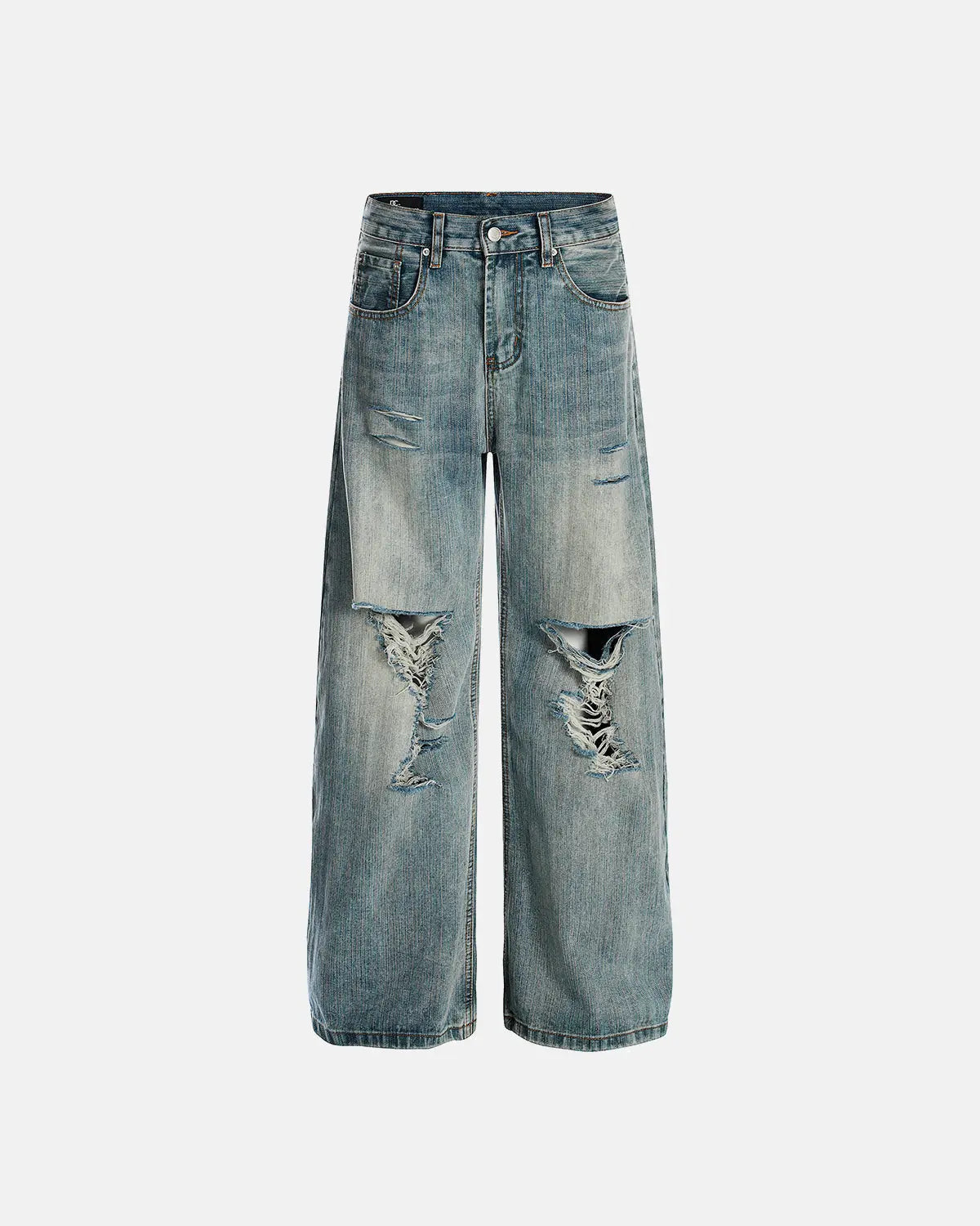 Bamboo weave distressed baggy jeans by INFLATION featuring a relaxed fit and unique textured design.
