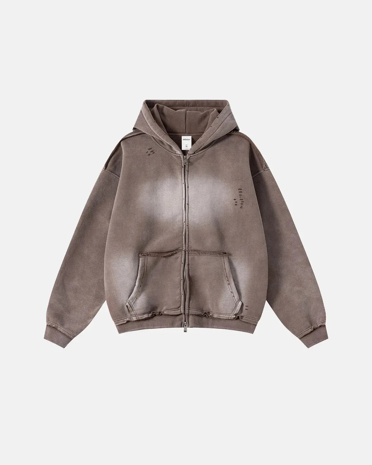 Inflation Monkey Wash Ripped Zip Up Hoodie featuring distressed fabric and front zipper, casual streetwear style.