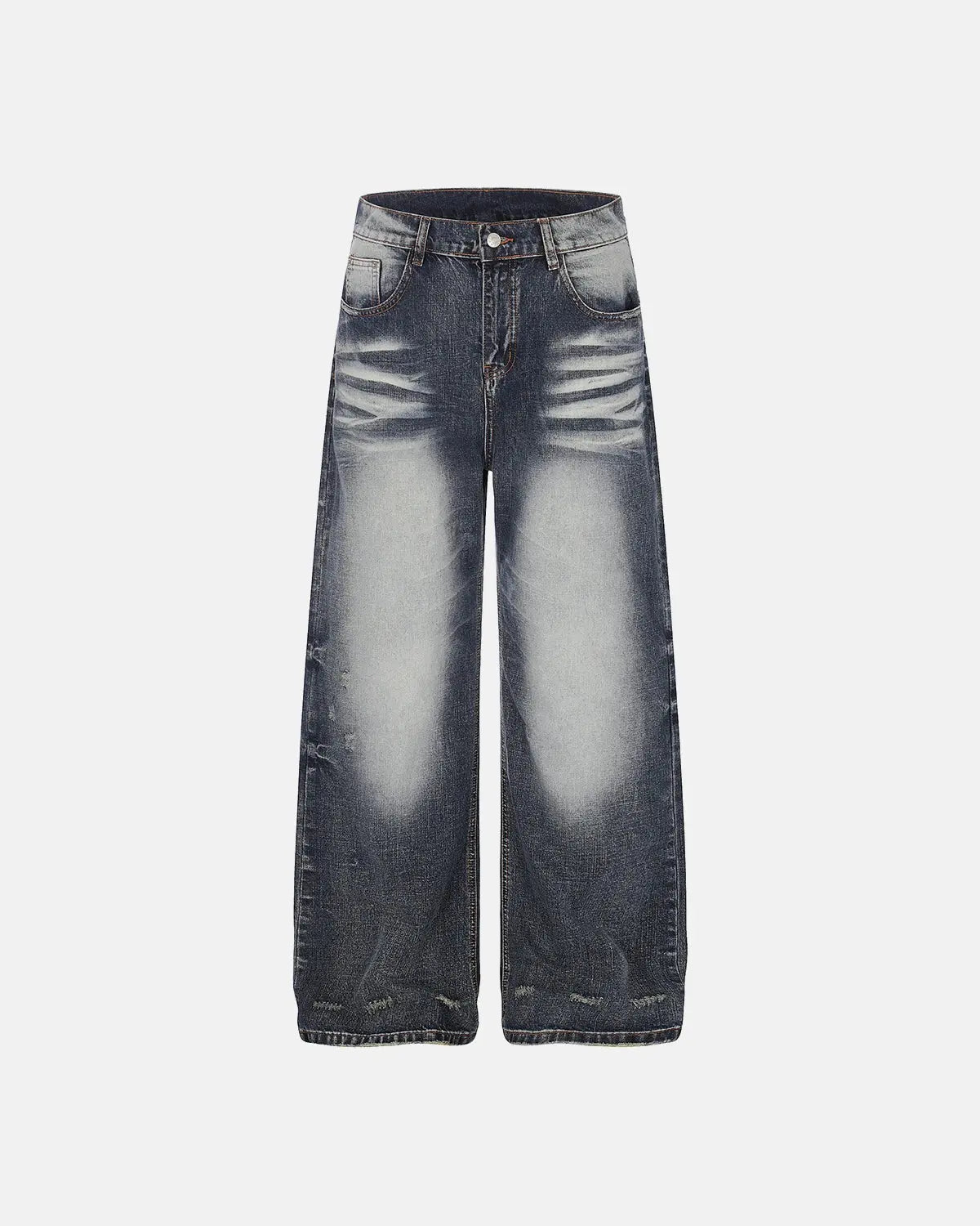 Faded Whisker Baggy Jeans by INFLATION featuring distressed denim and relaxed fit, displayed on a hanger against a neutral background.