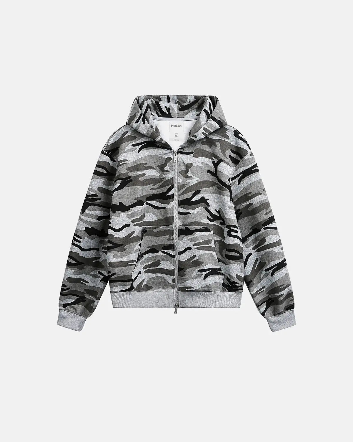 Cropped camouflage zip-up hoodie from INFLATION Streetwear with a front zipper and fitted style, featuring a green and brown camouflage pattern.