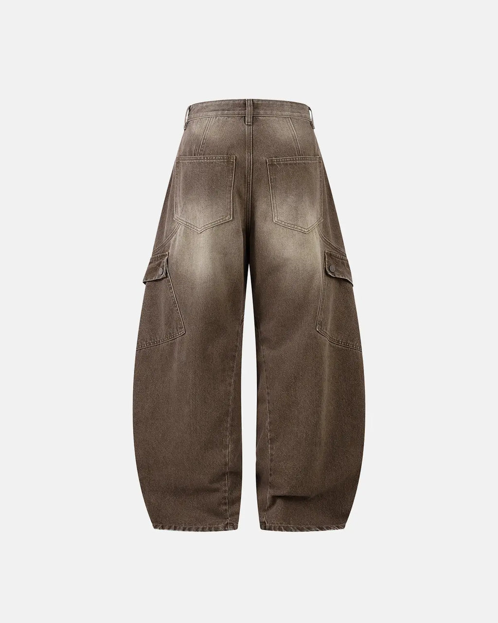 Brown acid wash barrel jeans by Flation Streetwear with a relaxed fit, featuring a distressed acid wash finish and tapered legs.