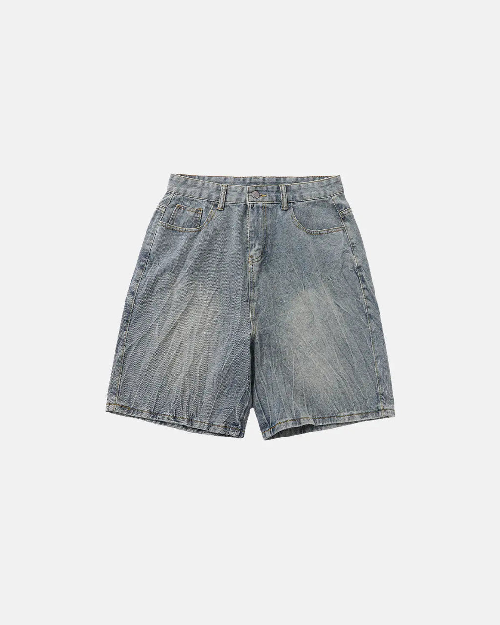Textured washed longline jorts pants from INFLATION Streetwear, showing the faded denim fabric and relaxed fit design.