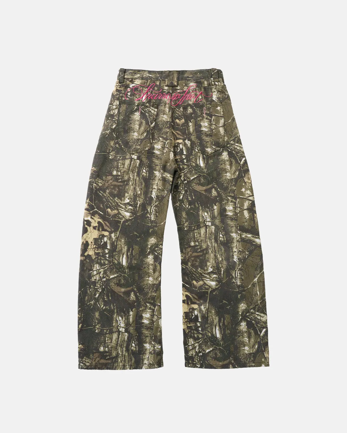 Pink embroidered camo baggy pants by INFLATION with camouflage pattern and relaxed fit, detailed embroidery on the fabric.