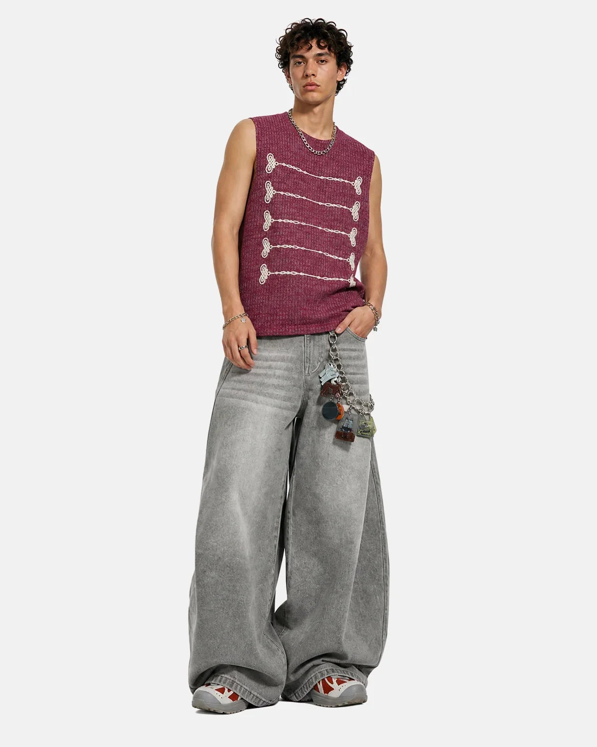 Inflation Streetwear embroidered knit tank top, stylish t-shirt with colorful embroidered design, casual and trendy fashion piece.