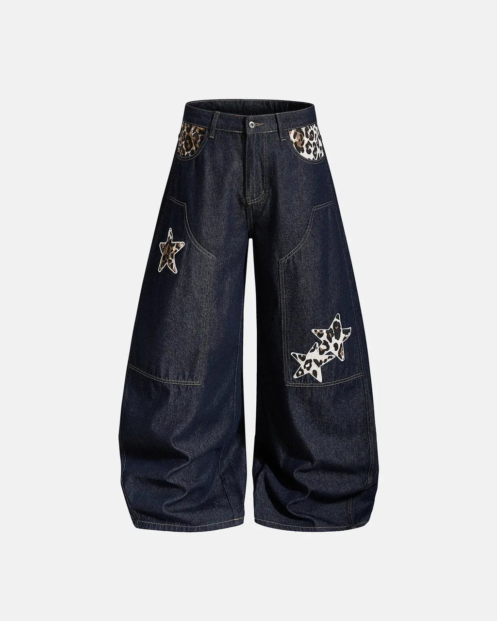 Leopard star patch barrel jeans by INFLATION featuring distressed denim and bold star and leopard print patches.