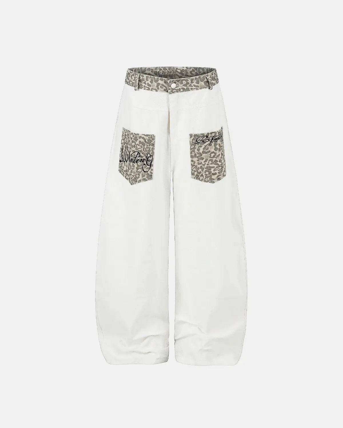 Leopard patch barrel jeans by INFLATION featuring a relaxed fit and stylish leopard patch details on denim.
