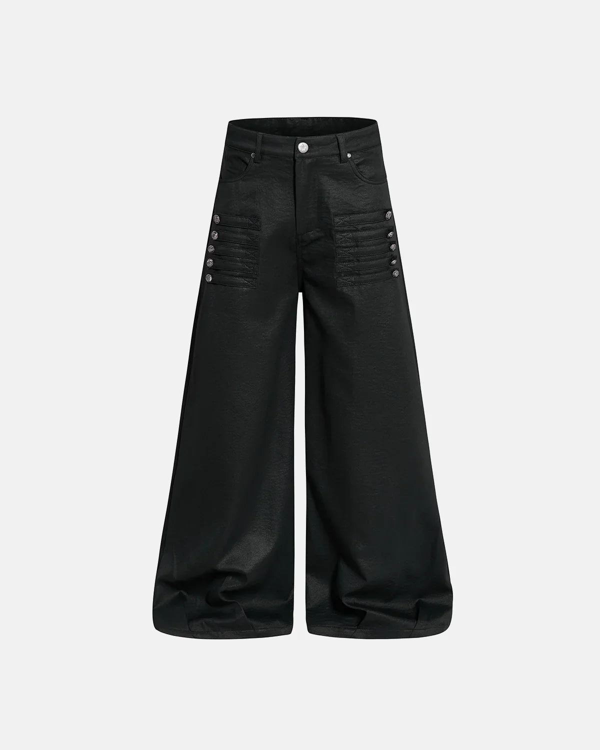 Black graphic wide-leg pants by INFLATION featuring bold graphic designs and a relaxed fit, styled for streetwear fashion.