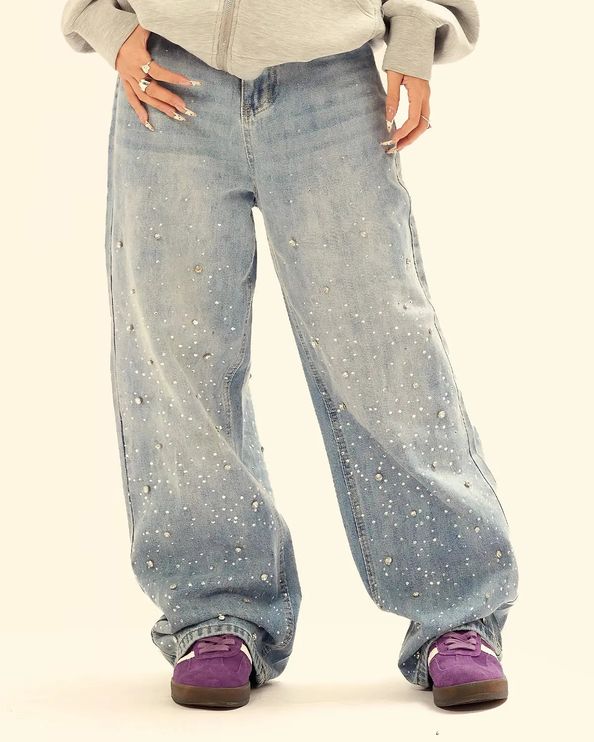 Inflation Streetwear studded rhinestone baggy jeans with embellishments, relaxed fit, and distressed details for a bold streetwear look.