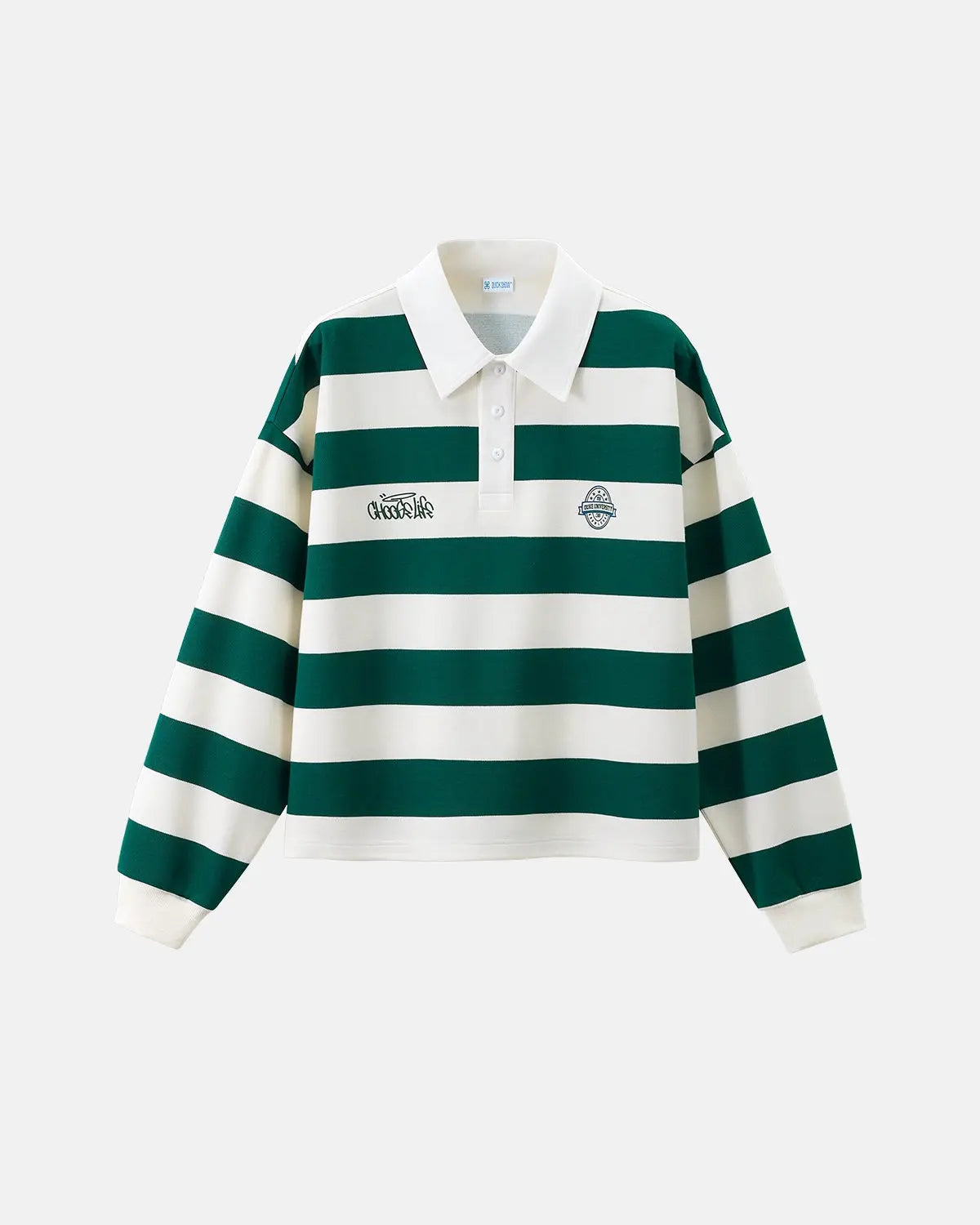Green rugby polo shirt by INFLATION, casual t-shirt with a classic collar and short sleeves, displayed flat against a white background.