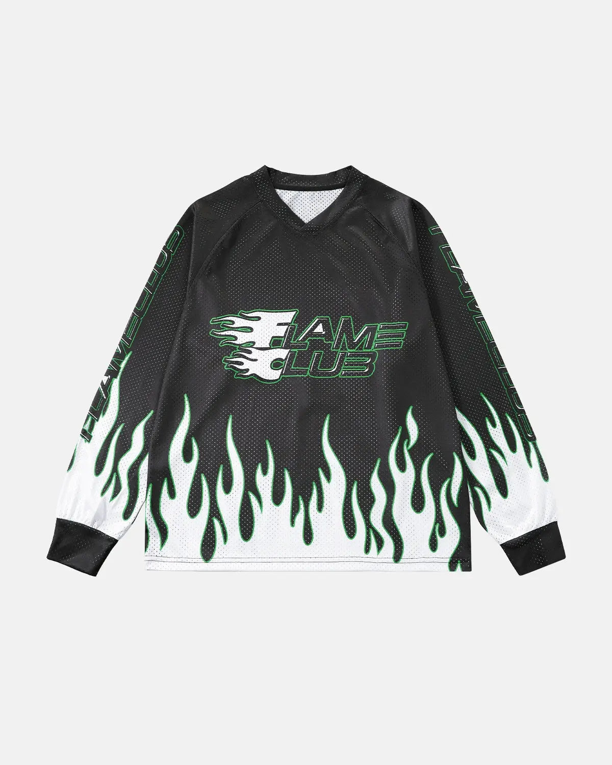 Inflation Flame Print Mesh Tee featuring bold flame design, lightweight mesh fabric, and streetwear style.