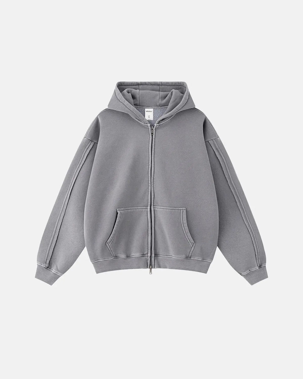 Washed raw edge boxy zip-up hoodie by INFLATION, featuring a relaxed fit and distressed raw edges on soft cotton fabric.