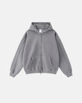 Washed raw edge boxy zip-up hoodie by INFLATION, featuring a relaxed fit and distressed raw edges on soft cotton fabric.