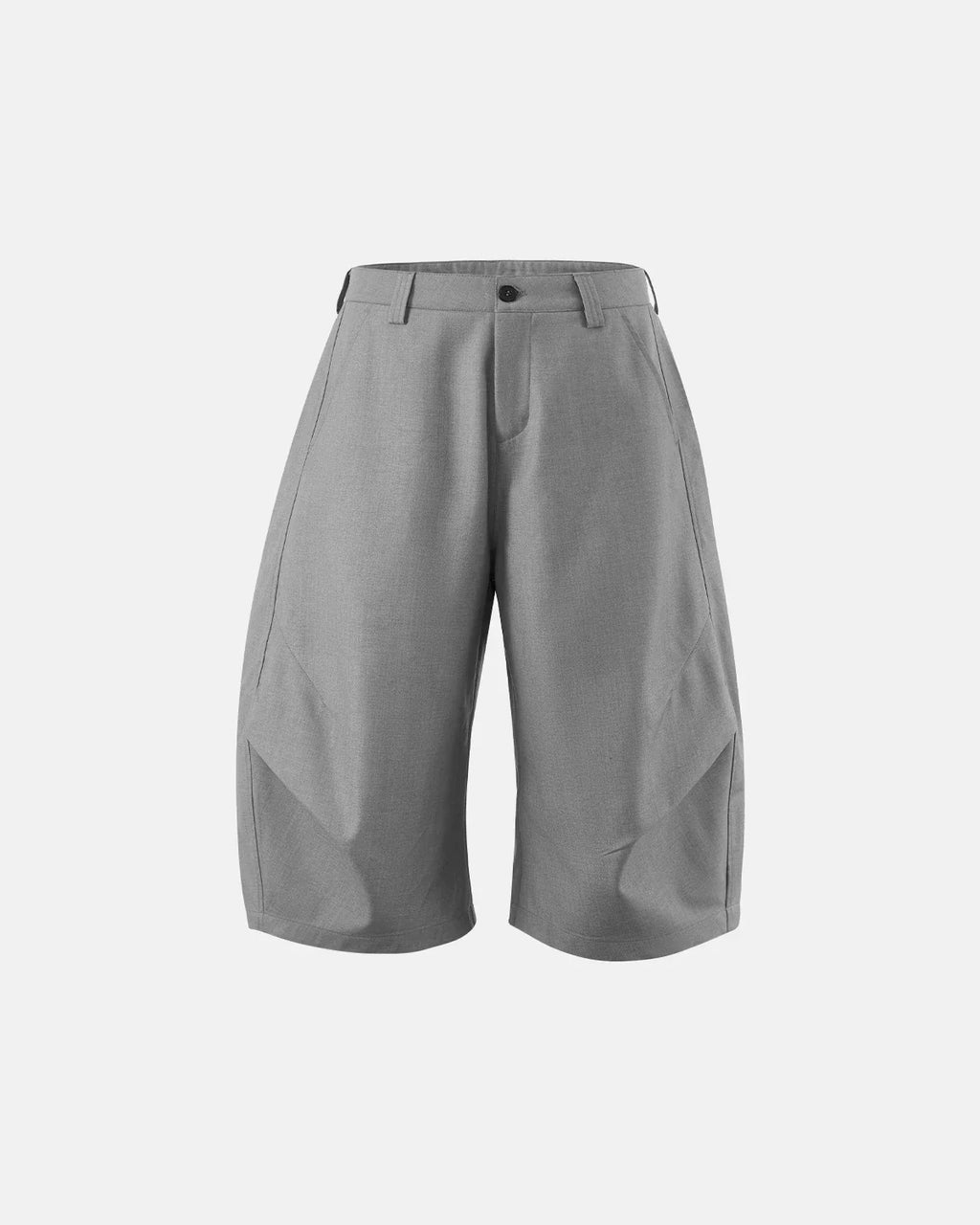 Flation Pleated Barrel Tailored Bermuda Shorts showing a relaxed fit, beige color, and tailored design on a wooden background.