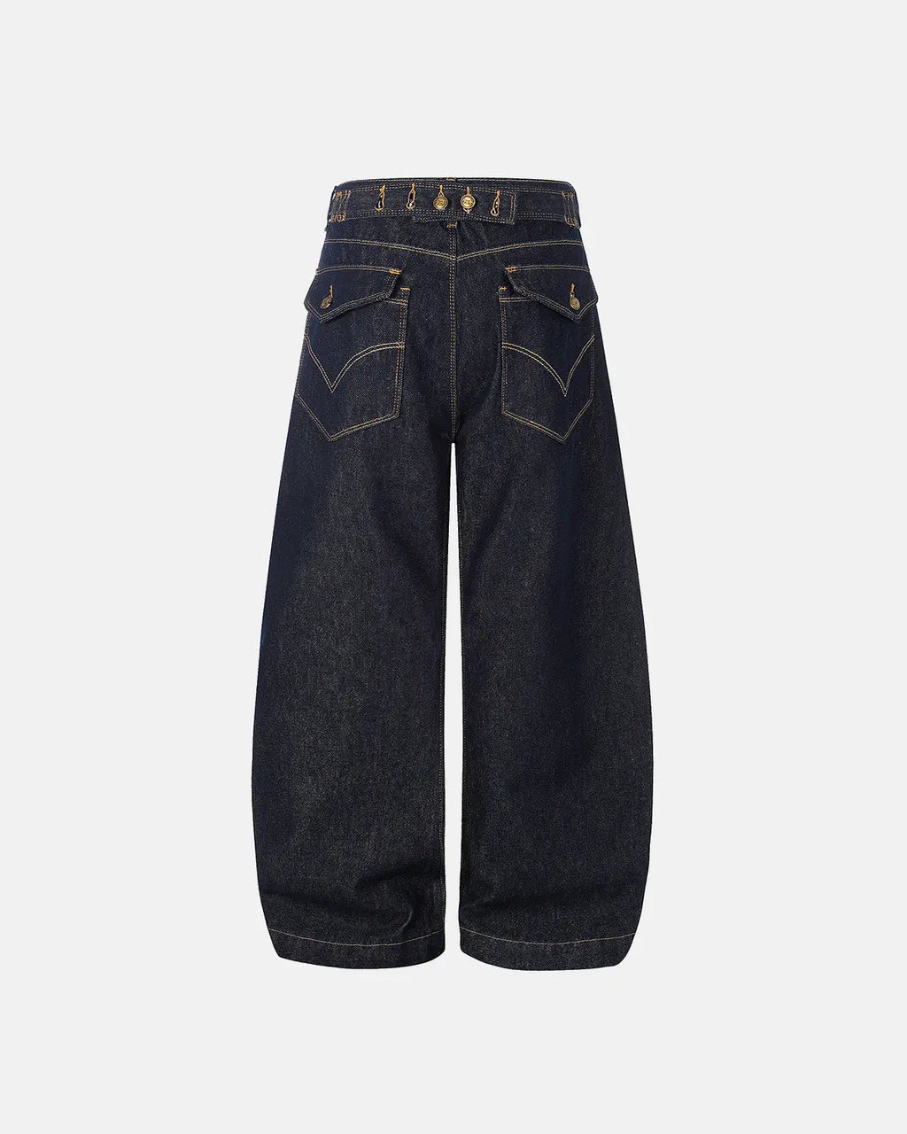 Raw Wash Barrel Jeans with Cinch Back by INFLATION, featuring a relaxed fit, distressed denim, and cinch waist detail.