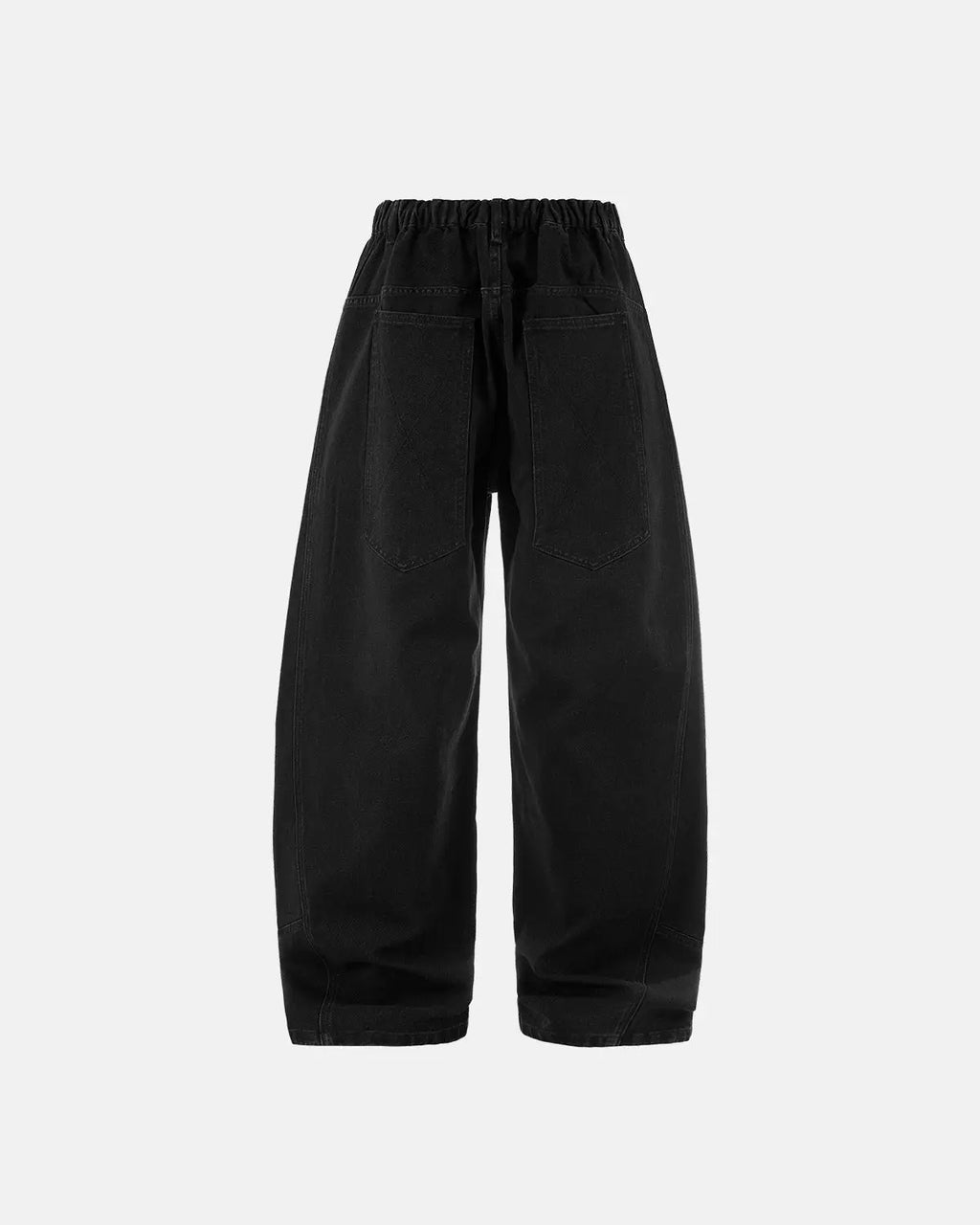 Acid washed black barrel jeans from Flation streetwear, showcasing relaxed fit and distressed denim style.