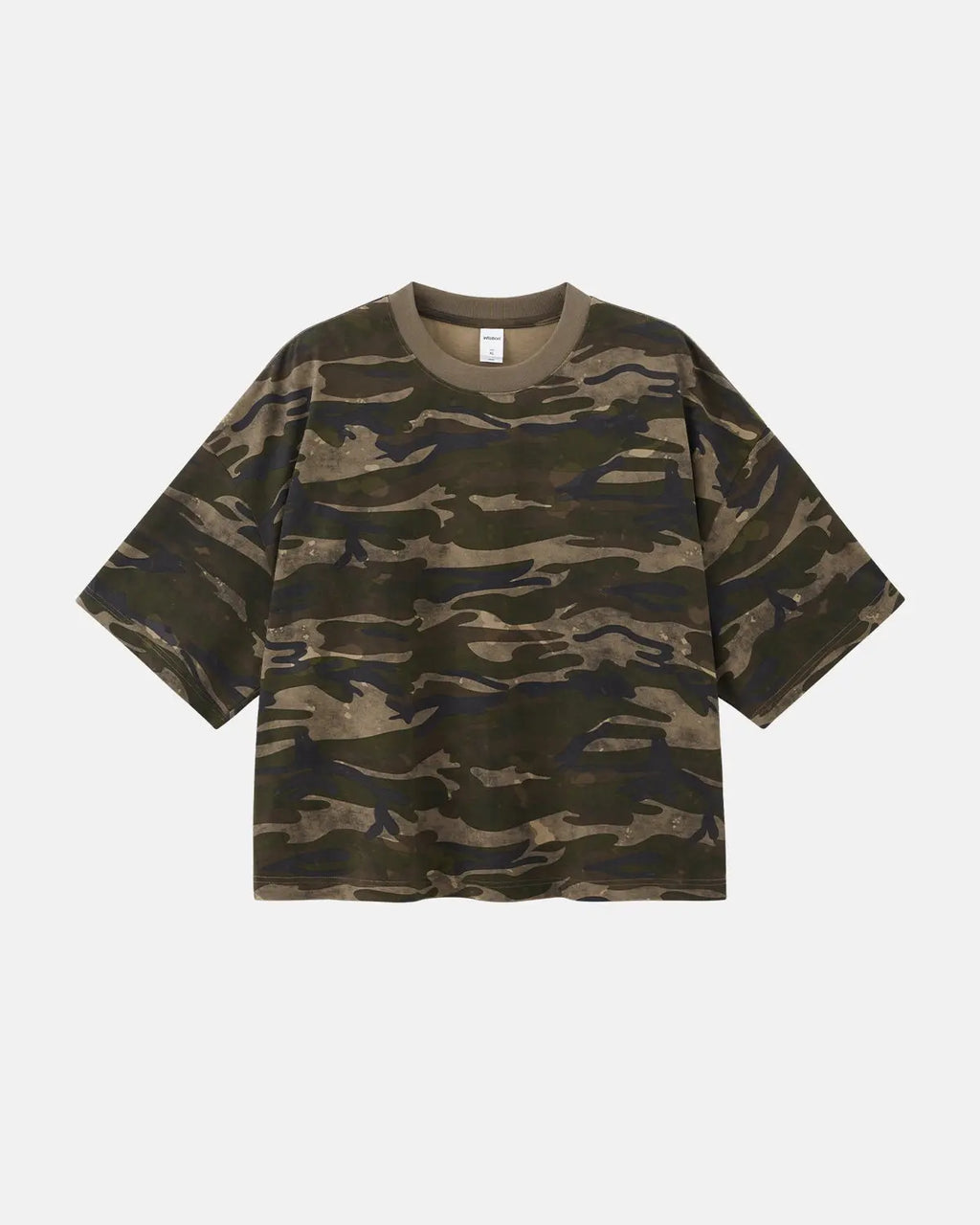 Boxy camo T-shirt from Inflation Streetwear featuring a green and brown camouflage pattern and a relaxed fit.