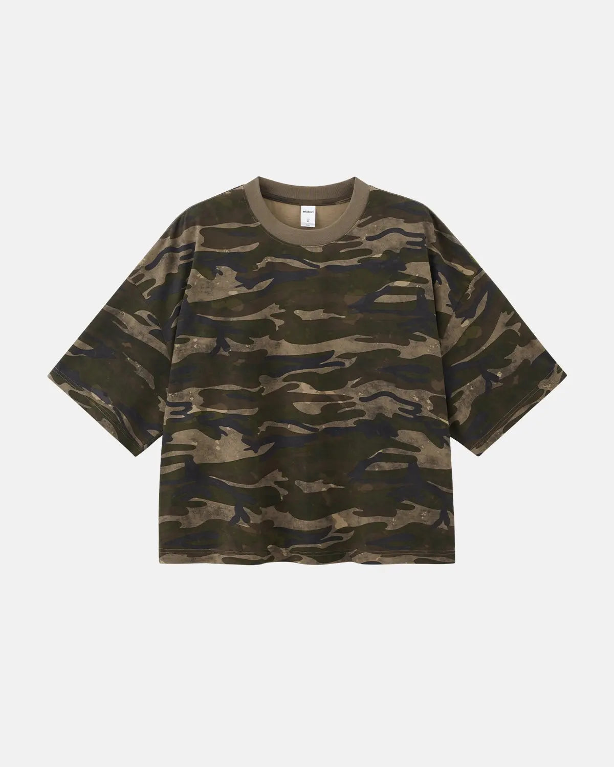 Boxy camo T-shirt from Inflation Streetwear featuring a green and brown camouflage pattern and a relaxed fit.