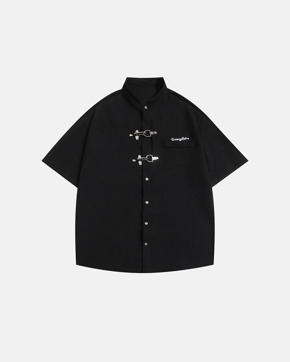 Inflation Streetwear waffle shirt featuring metal clasp detail, casual long-sleeve shirt with textured fabric and modern style.