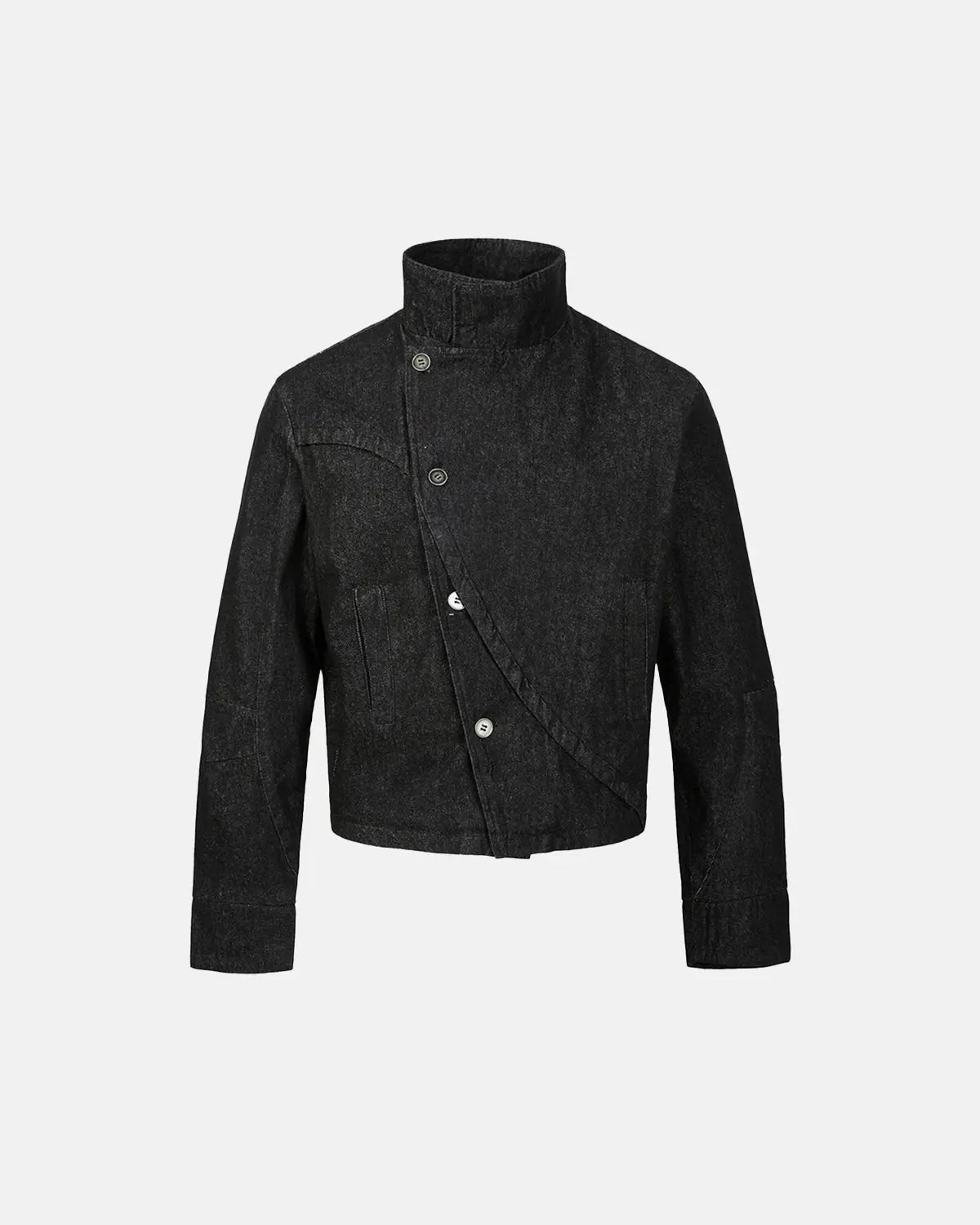 Inflation Streetwear cropped asymmetric button denim jacket with distressed details and unique asymmetrical design.