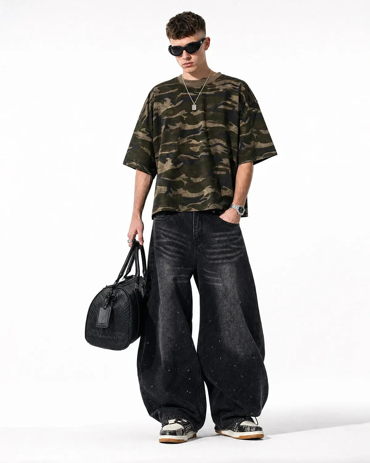 Vintage washed rhinestone barrel jeans by INFLATION, featuring distressed denim and rhinestone embellishments, casual streetwear style.