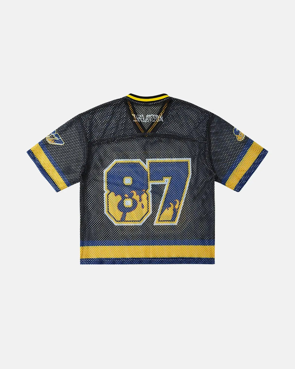 Flation Streetwear 87 Jersey Mesh Print Tee featuring colorful mesh fabric and bold print design on a casual T-shirt.