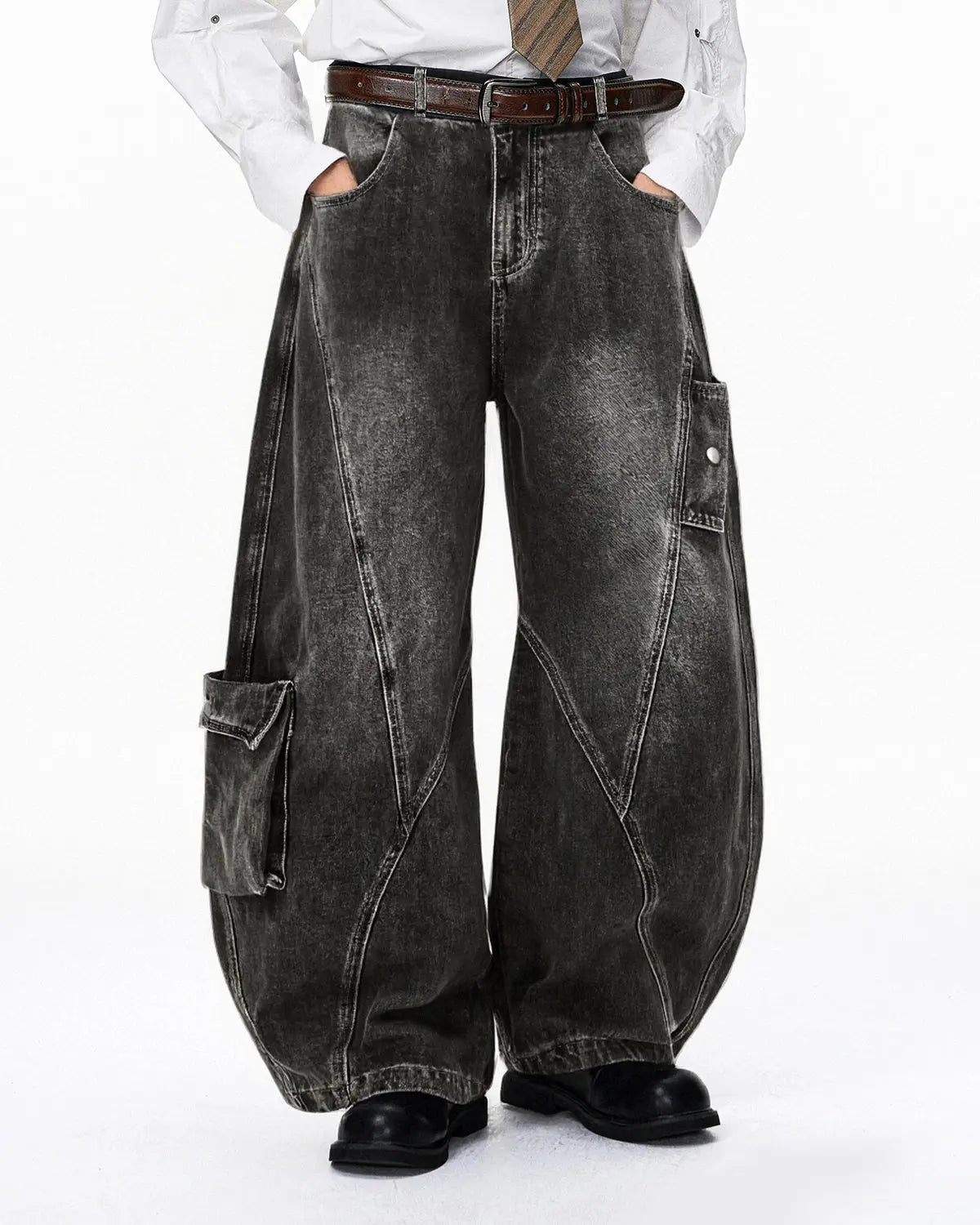 Distressed washed cargo barrel jeans by INFLATION featuring a relaxed fit and streetwear style, shown in a front view.
