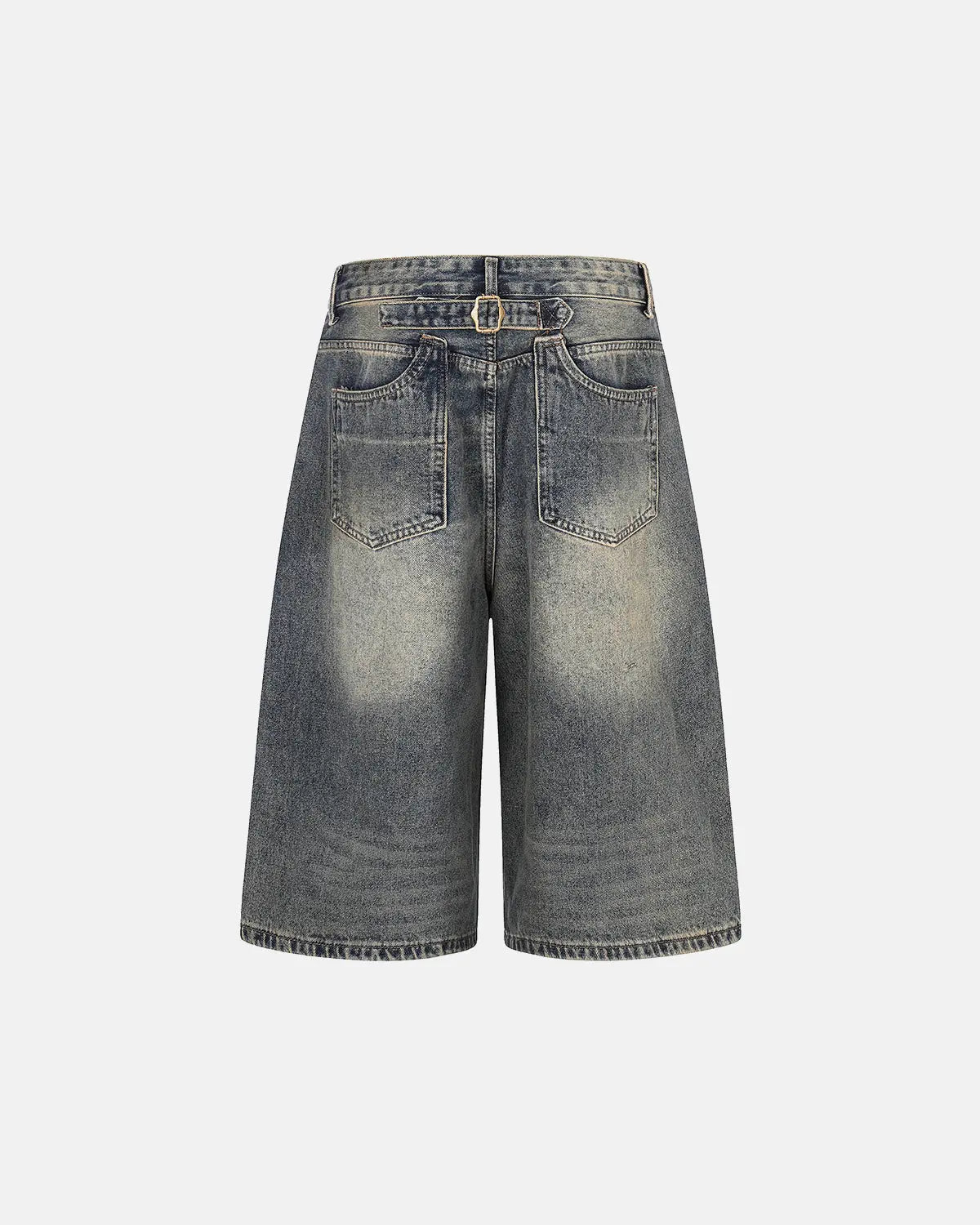 Inflation brand acid washed cinch back buckle jorts, casual denim pants with distressed details and adjustable waist buckle.